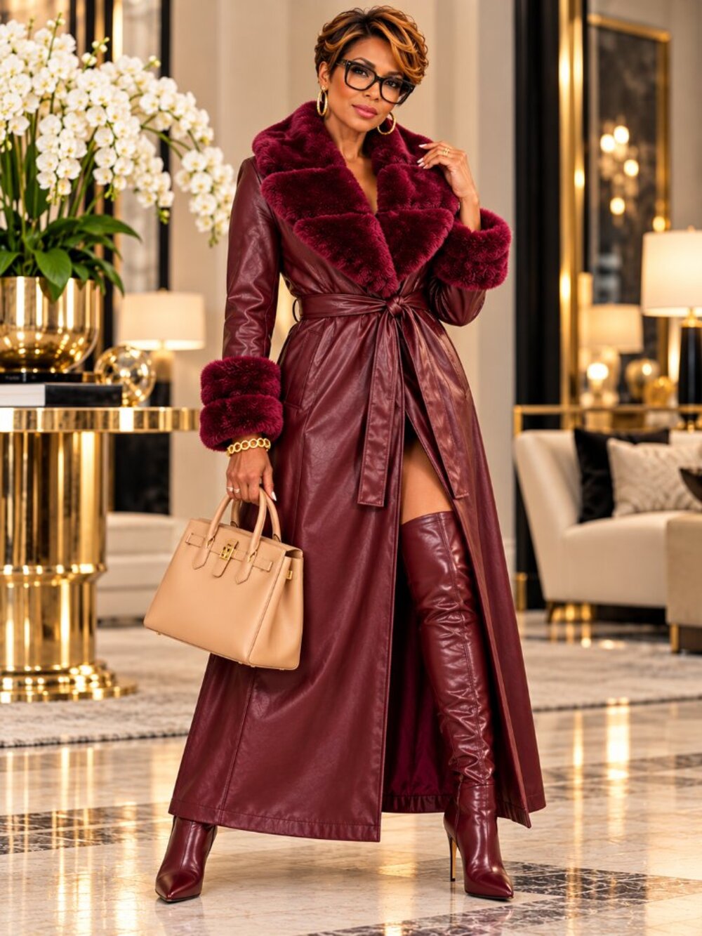 Burgundy Faux Leather Faux Fur Maxi Coat Belted Trench Size L NWT